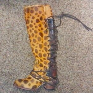 NEW FREEBIRD BY STEVEN COAL LEOPARD ANIMAL PRINT HAIRCALF TALL LACE UP BOOTS